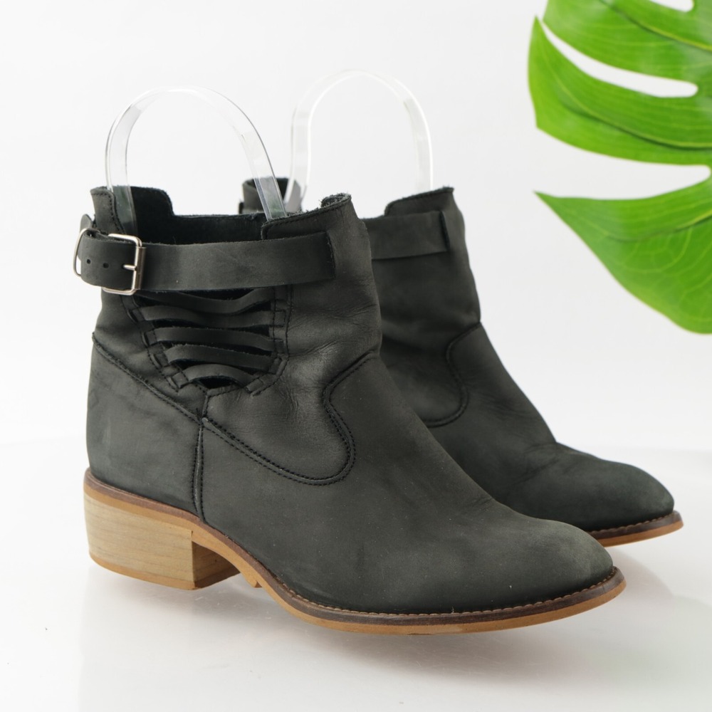 Coolway Womens Boots Size 39 8 Black Leather Ankle Buckle Cutout Moto Booties